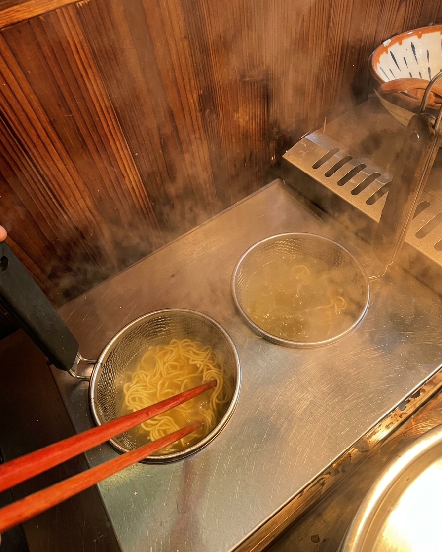 茹でカゴの中で泳ぐ麺を、赤い菜箸で優しく混ぜてほぐす様子。