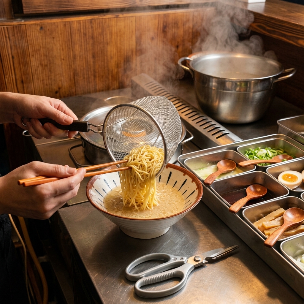 茹で上がった麺の湯気を切り、丼のスープの中へ丁寧に入れる様子。