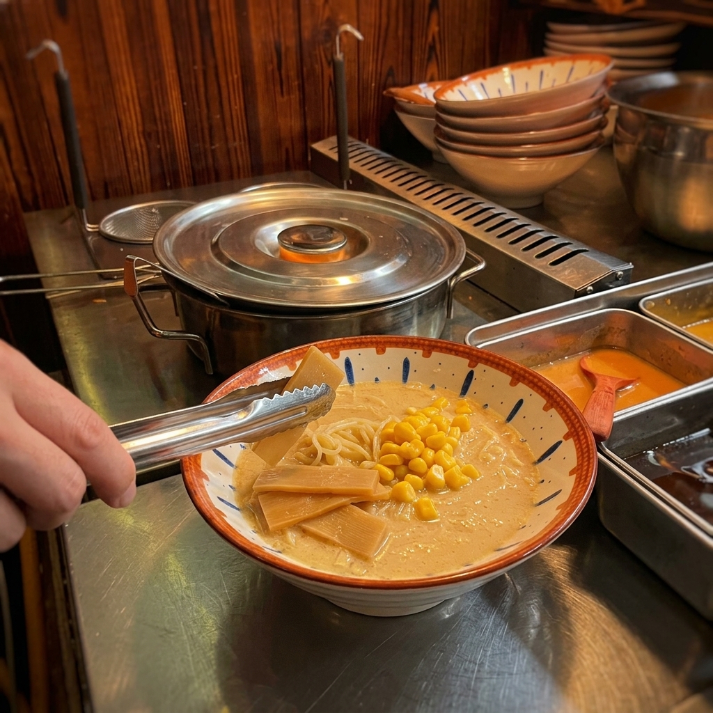 トングを使って、ラーメンのトッピングとしてメンマを並べる様子。