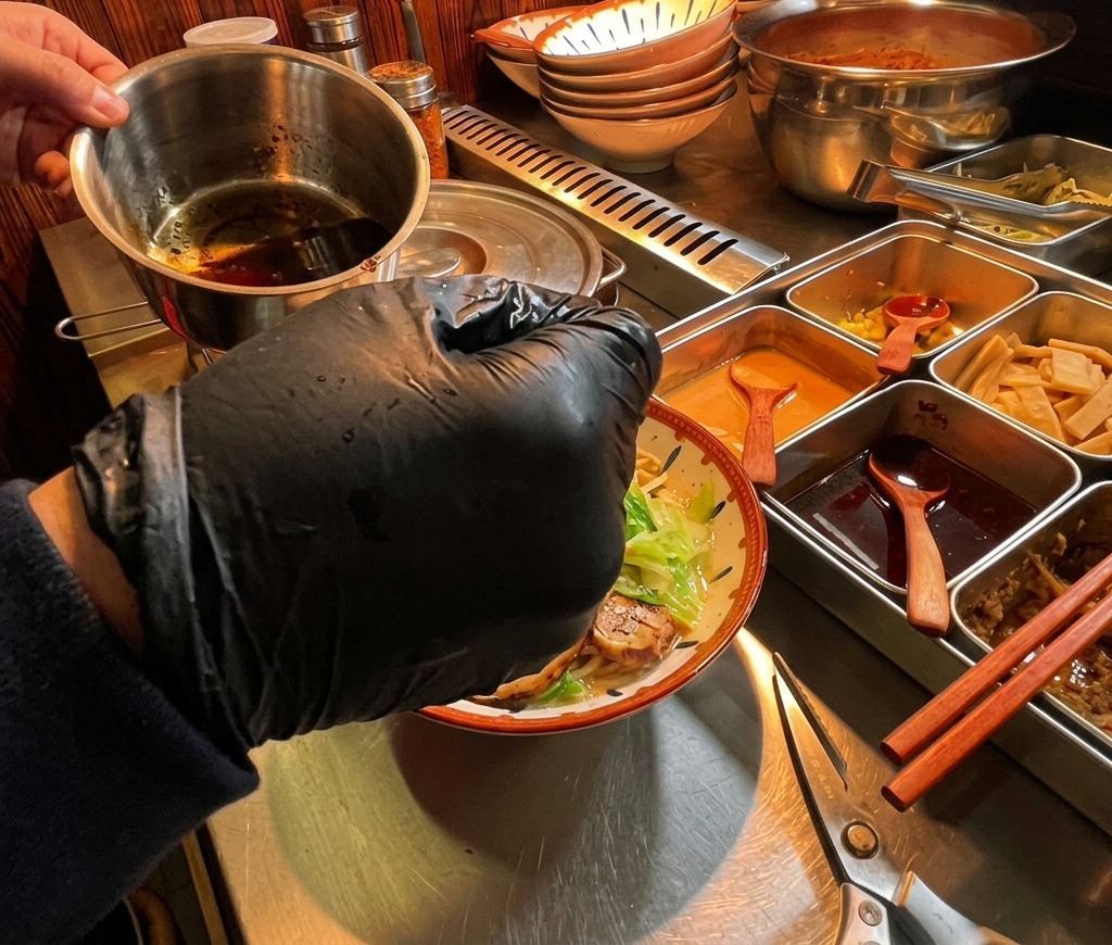 丼の表面に、真っ黒なマー油を小さな器からたらしている様子。