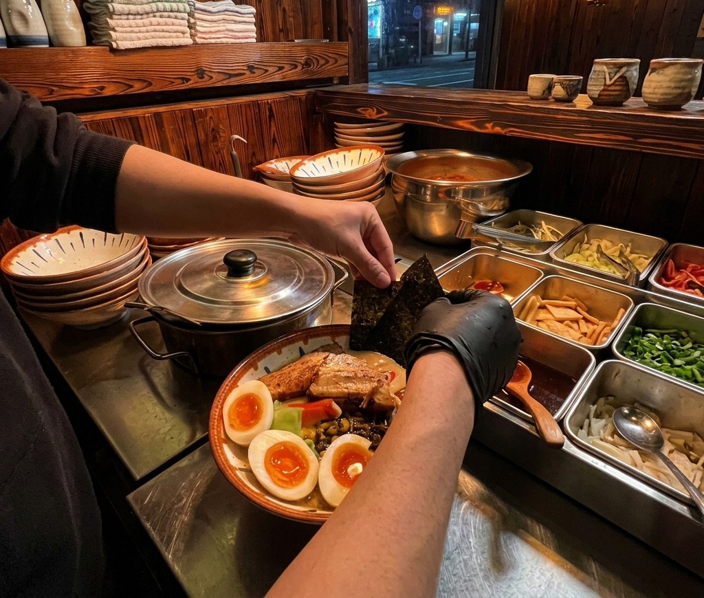 完成間近のラーメンの縁に、パリッとした海苔を差し込む様子。