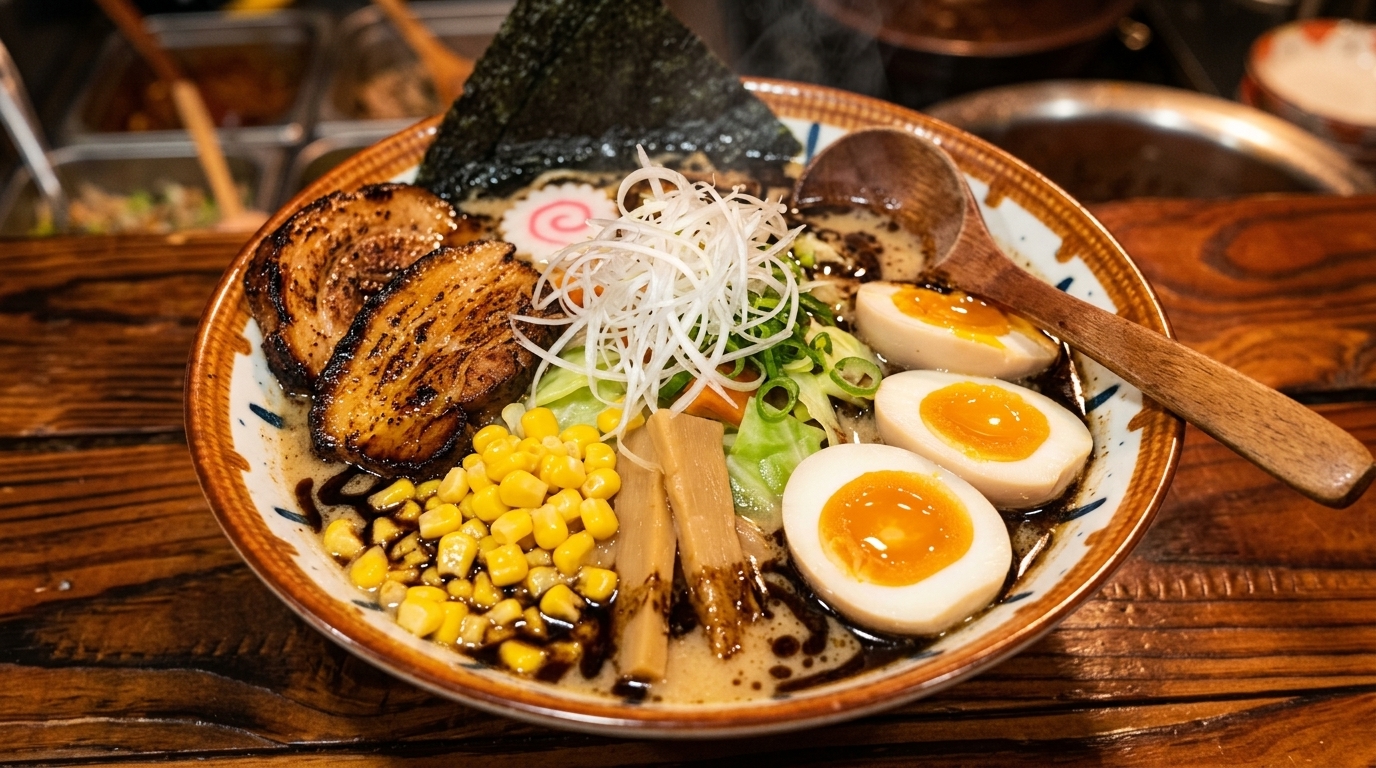 黒マー油香る濃厚豚骨ラーメン：炙り厚切りチャーシュー添え