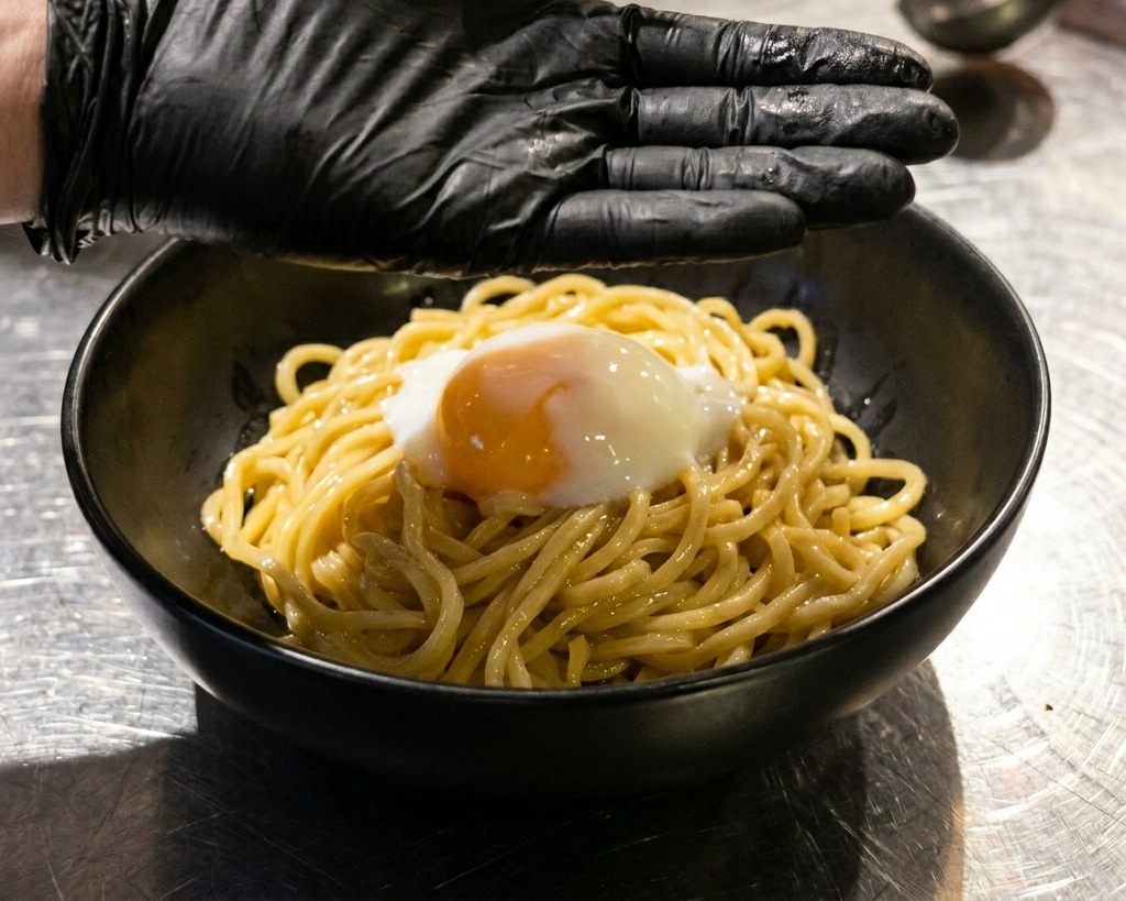 麺の中央に、半分にカットされた半熟卵を乗せている様子。