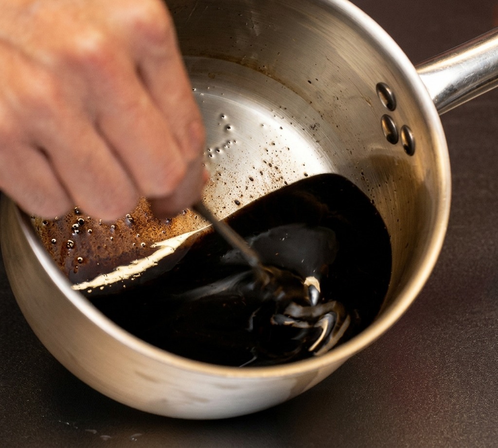 小鍋の中でラードが溶け、黒く焦げたニンニクと混ざり合っている様子。