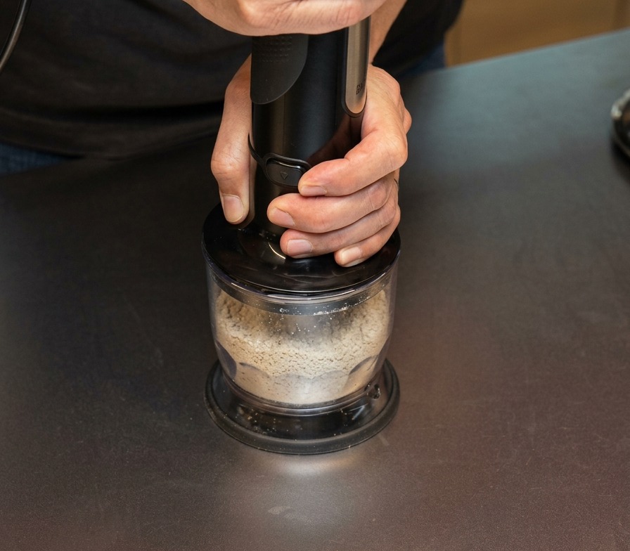 ハンドブレンダーを使って、容器の中の材料を細かく粉砕している様子。
