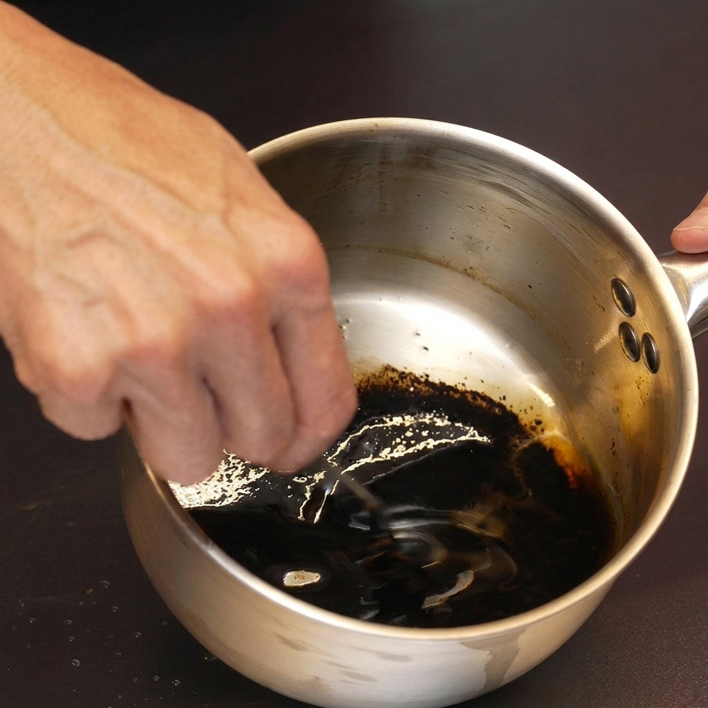 小鍋に入った艶のある真っ黒なマー油をスプーンで混ぜて確認している様子。