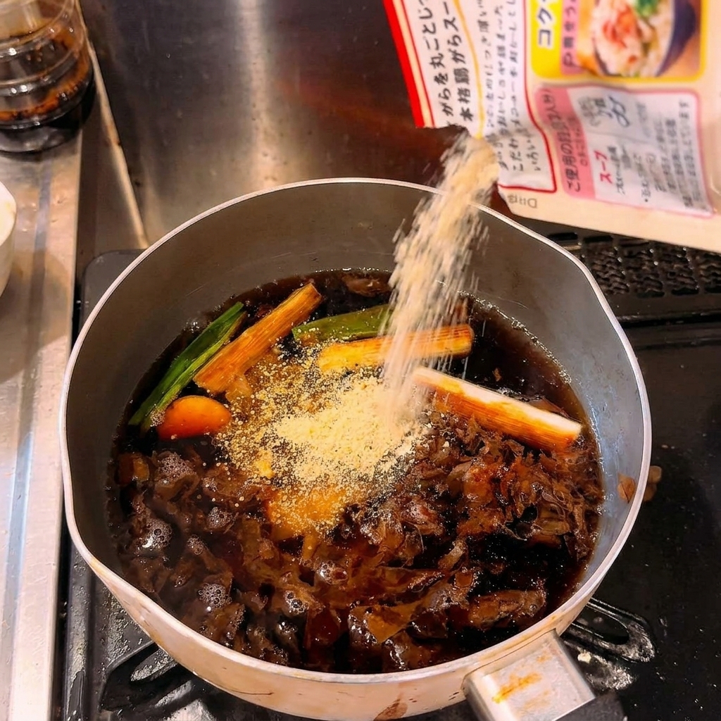 沸騰している茶色のラーメンスープに、鶏ガラスープの素を加えている様子。