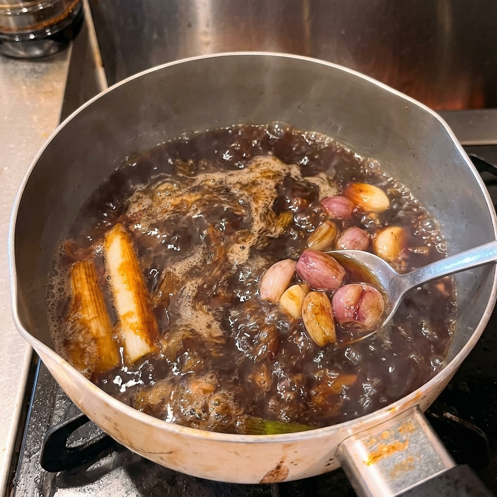 グツグツと沸騰したスープの中にある香味野菜をスプーンで混ぜている様子。