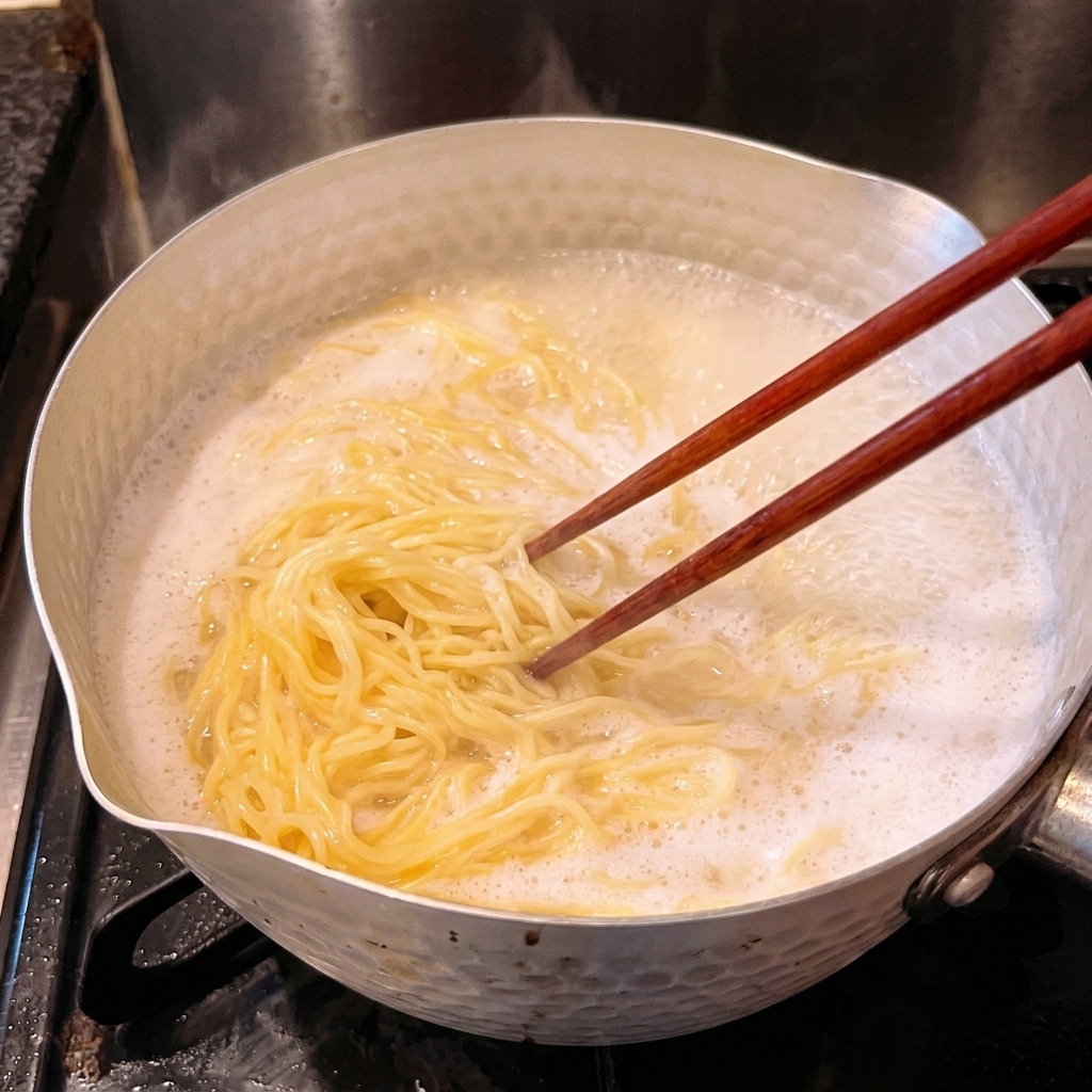 沸騰したお湯の中で、麺がくっつかないよう箸で優しくほぐしている様子。