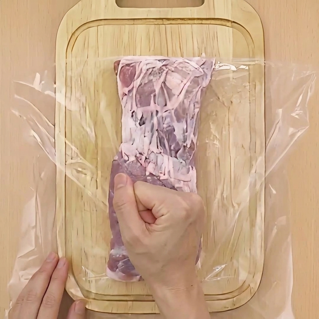 ラップをかけた豚バラ肉を、拳で叩いて平らにしている様子。