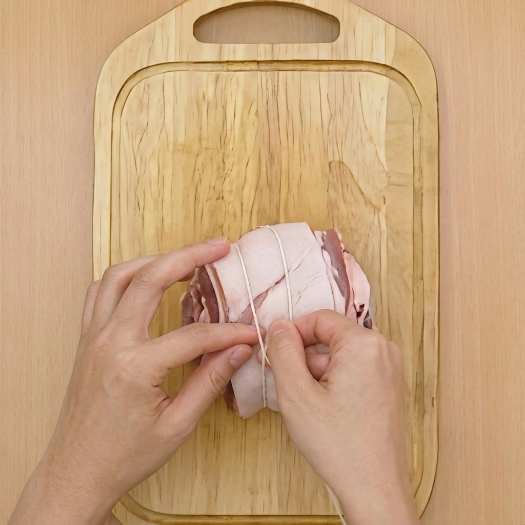 タコ糸を使って、巻いた豚肉をしっかりと結んでいる様子。