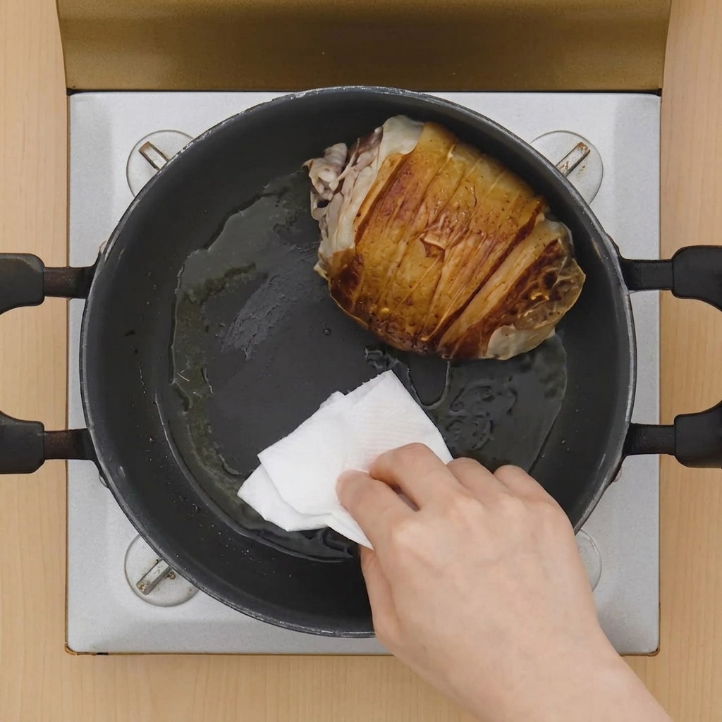 キッチンペーパーで鍋底の脂を拭き取っている様子。