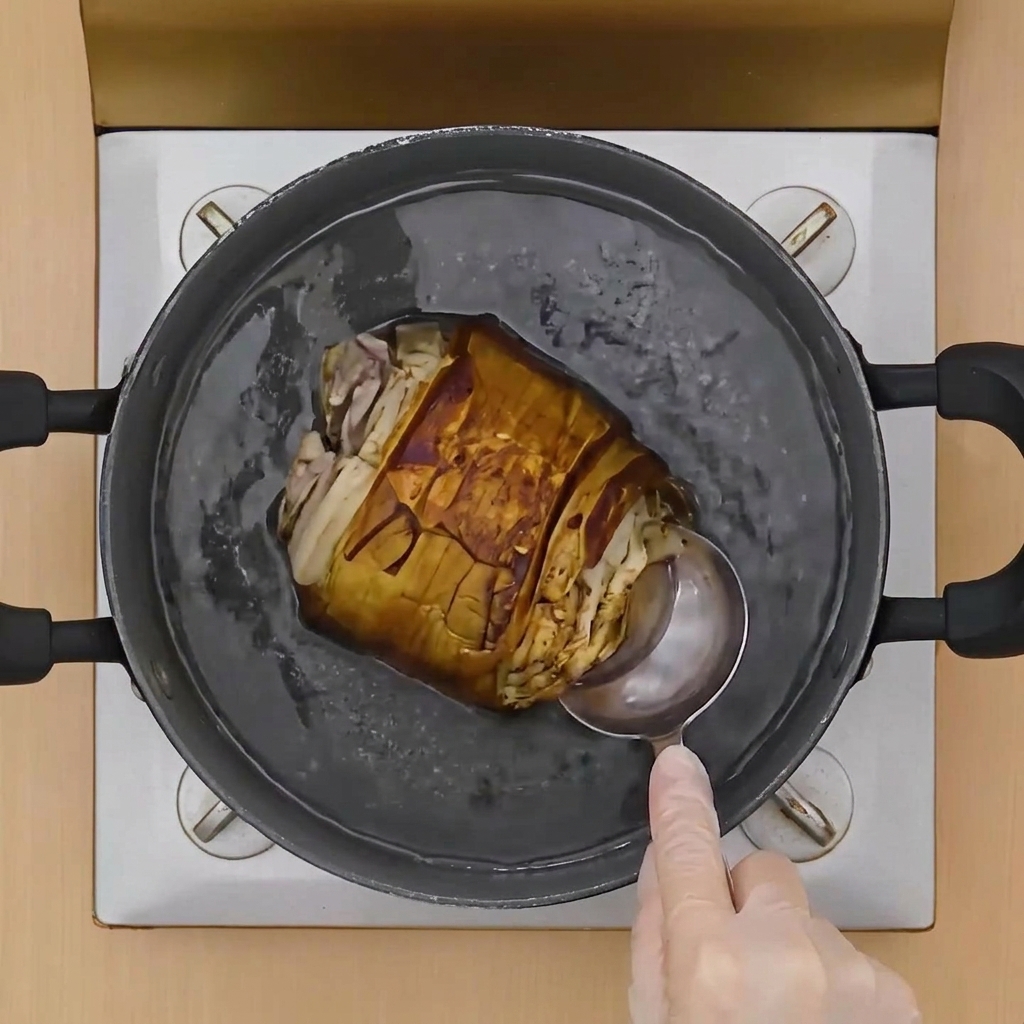 焼き付けた肉が入った鍋に、調味料を注いでいる様子。