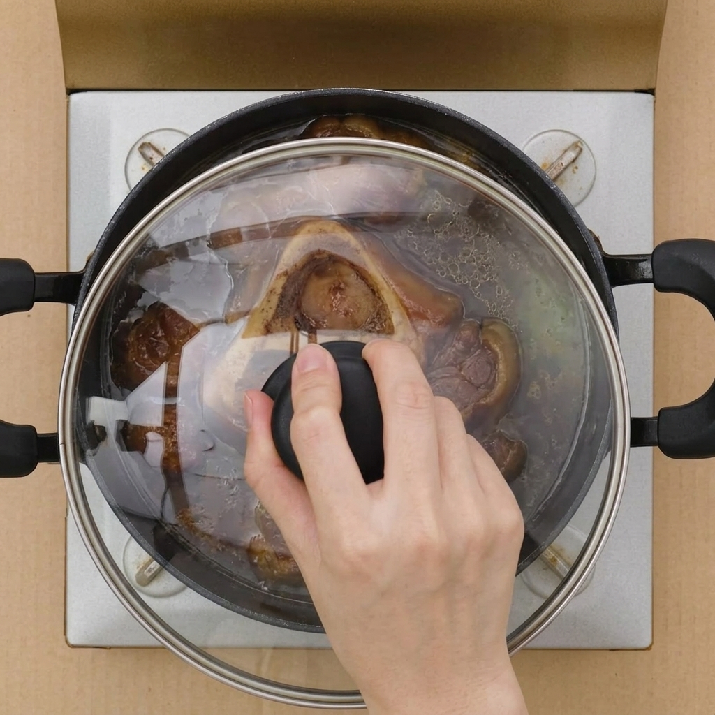 simmer中の鍋に蓋をのせている様子。