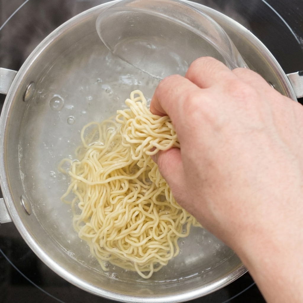 沸騰したお湯に生麺を入れ、箸でほぐしている様子。