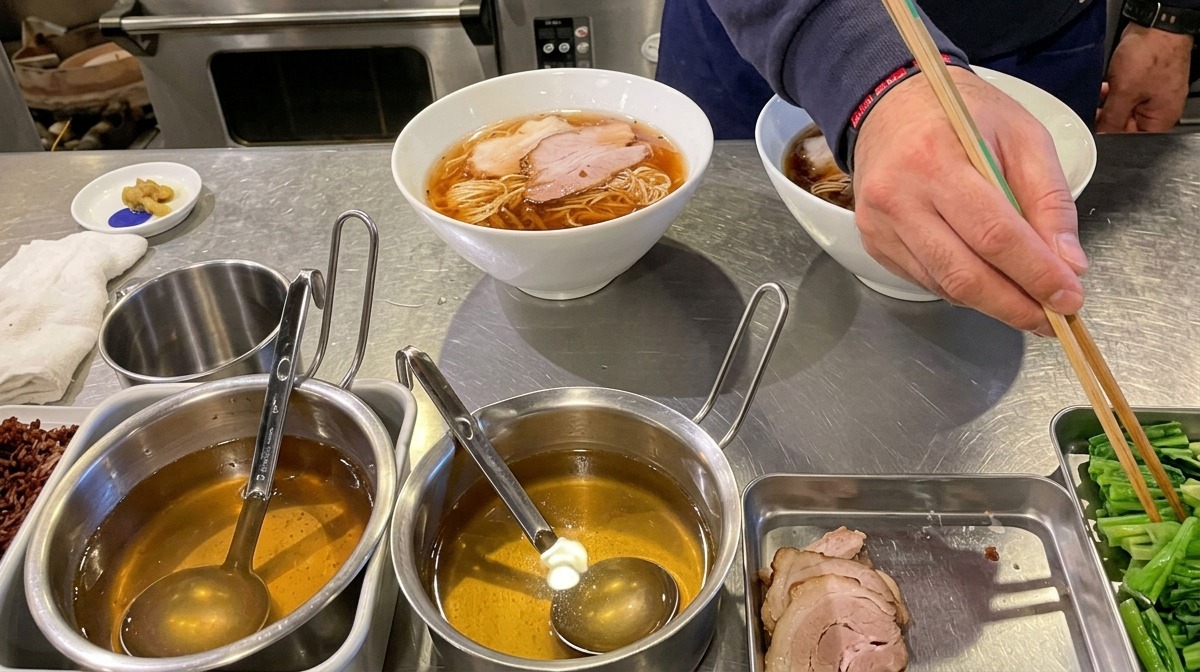 ラーメンの鉢に、茹でたほうれん草を箸で盛り付ける様子