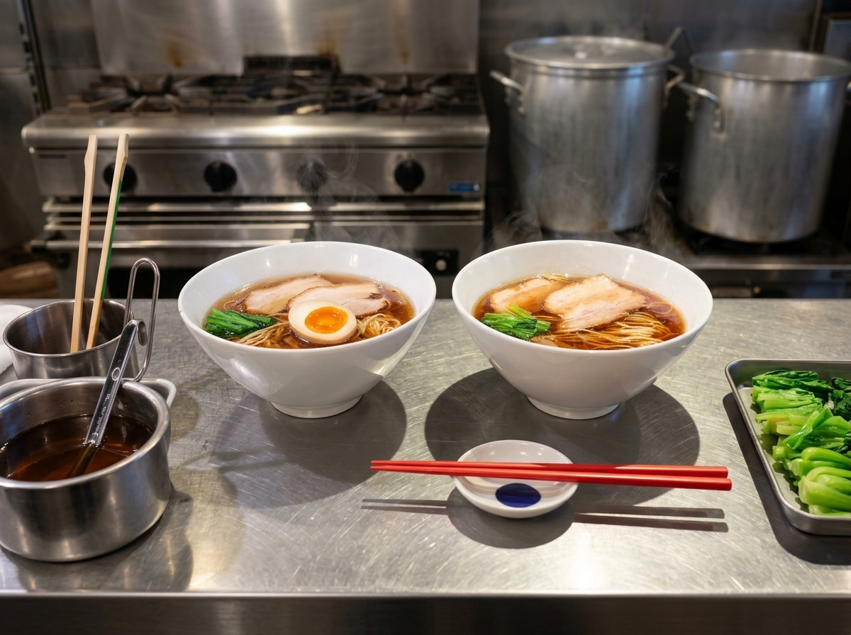 鮮やかなオレンジ色の黄身が見える半分に切った半熟卵を、ラーメンの上に置く様子