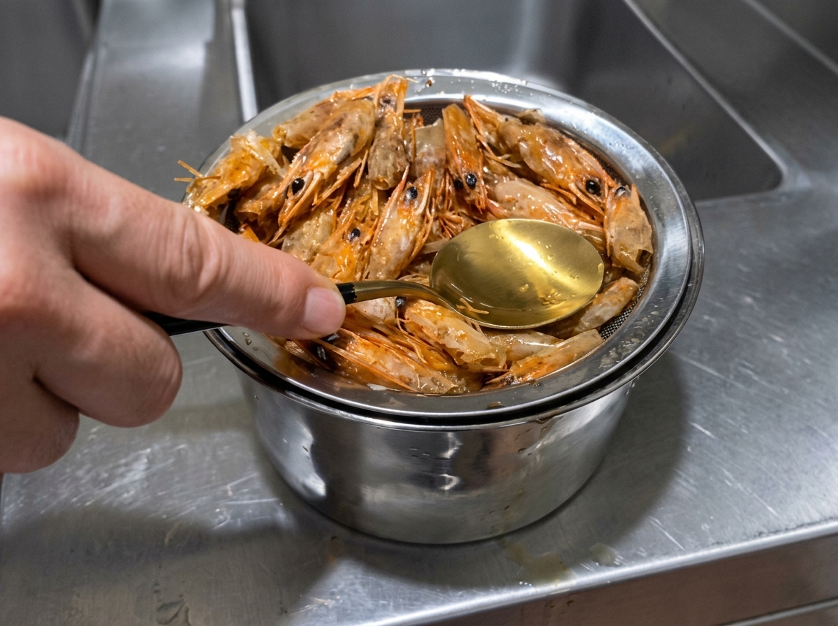 ザルの上で海老の頭をスプーンで押し、オレンジ色の油を絞り出している様子。