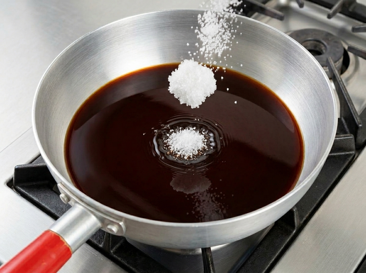 鍋に入った醤油ベースのタレに、砂糖や塩を加えている様子。