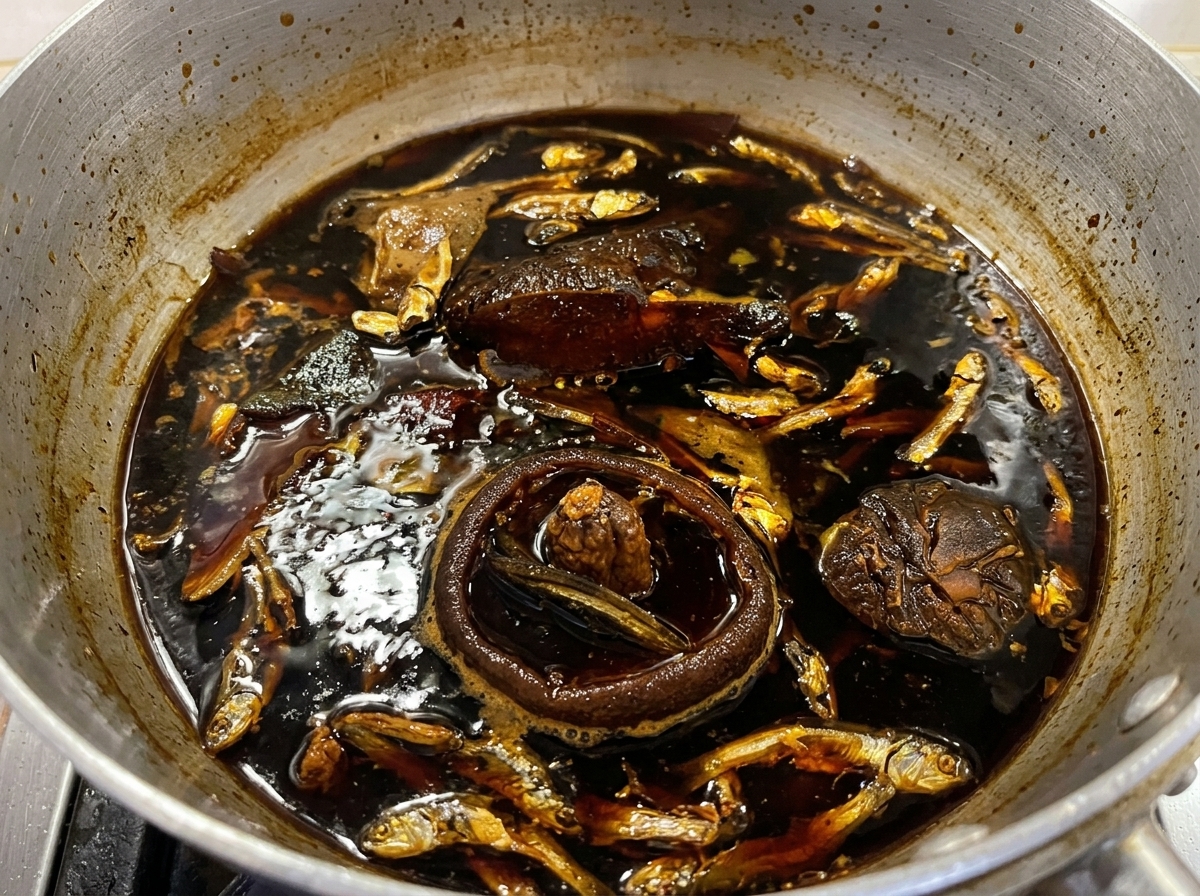 煮干しや干ししいたけを浮かせた醤油タレを弱火で加熱している様子。