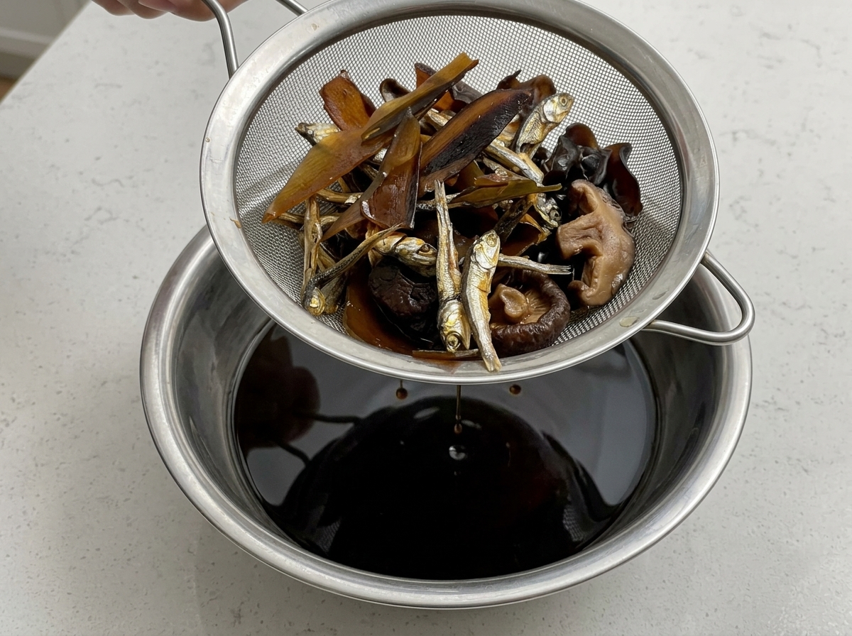 真っ黒な醤油タレを濾し、乾物を取り除いている様子。