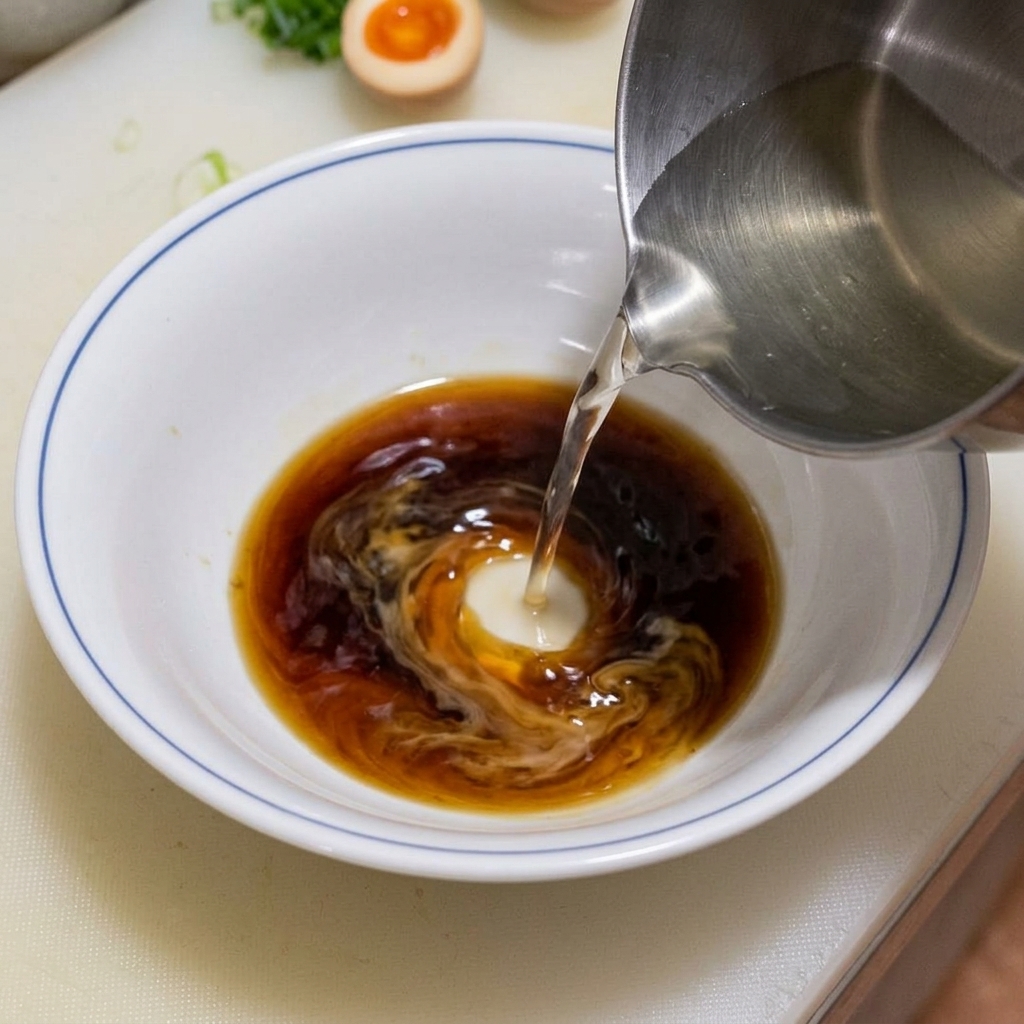 温めた丼にタレ、油、スープを注ぎ、ラーメンを組み立てている様子。