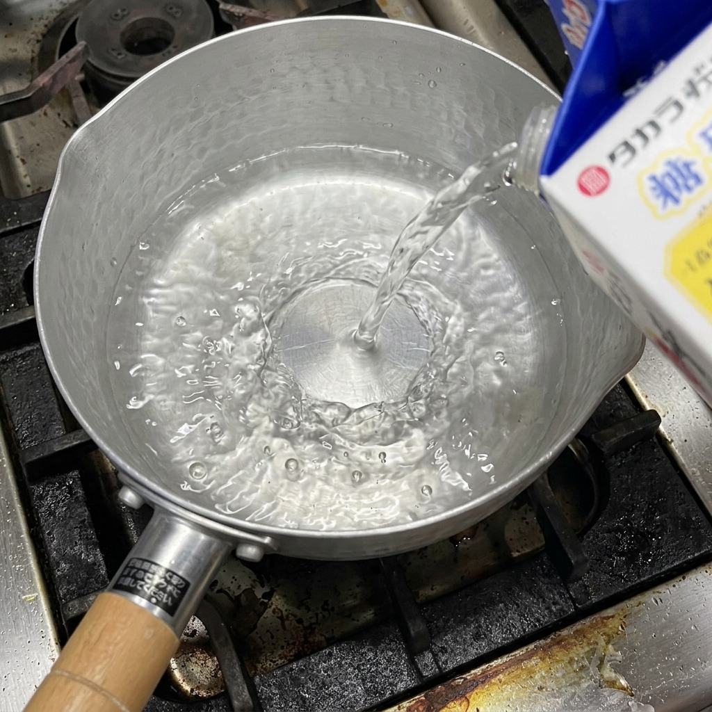 小鍋で沸騰した酒に白醤油を注いでいる様子。