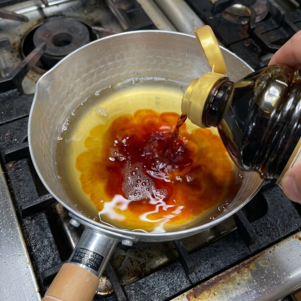 黄金色の液体が入った鍋に、ボトルから濃口醤油を注いでいる様子。