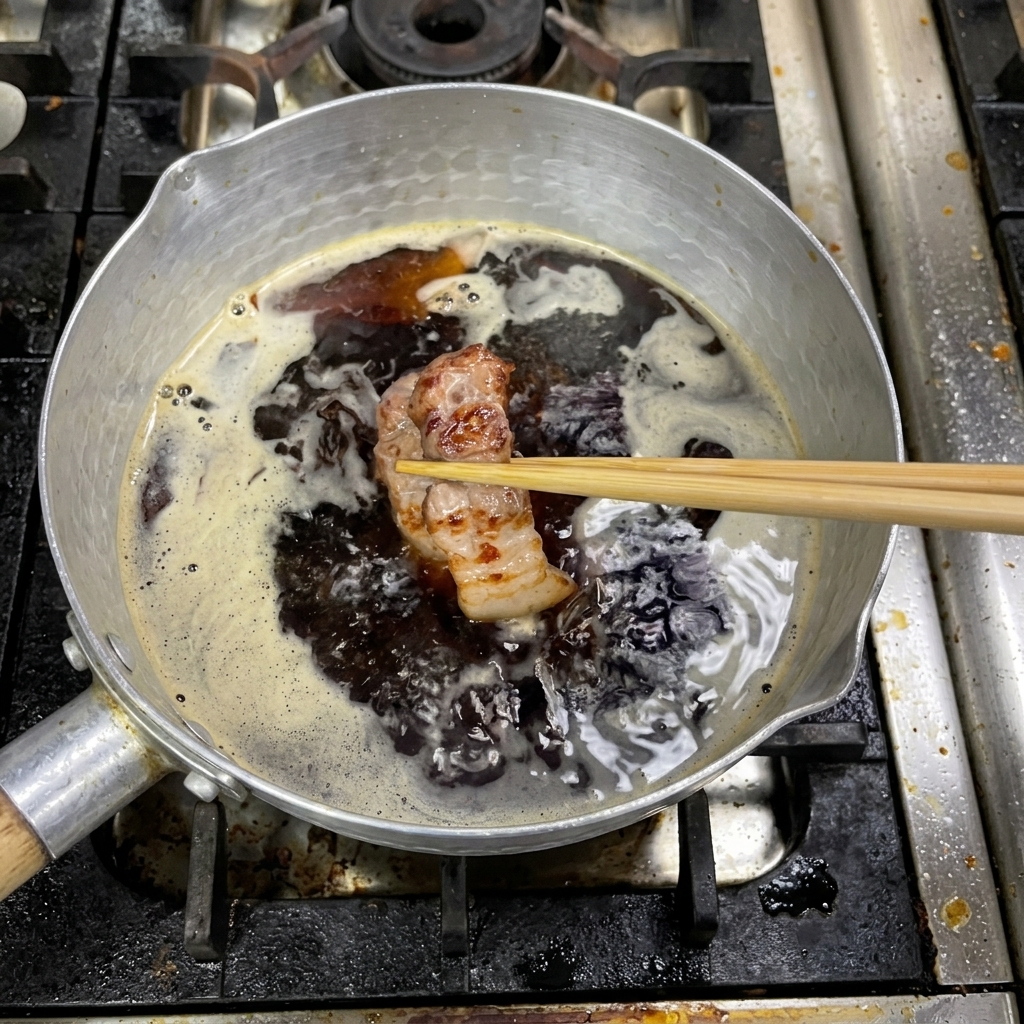焼き色のついた豚肉を醤油ダレの鍋に移している様子。