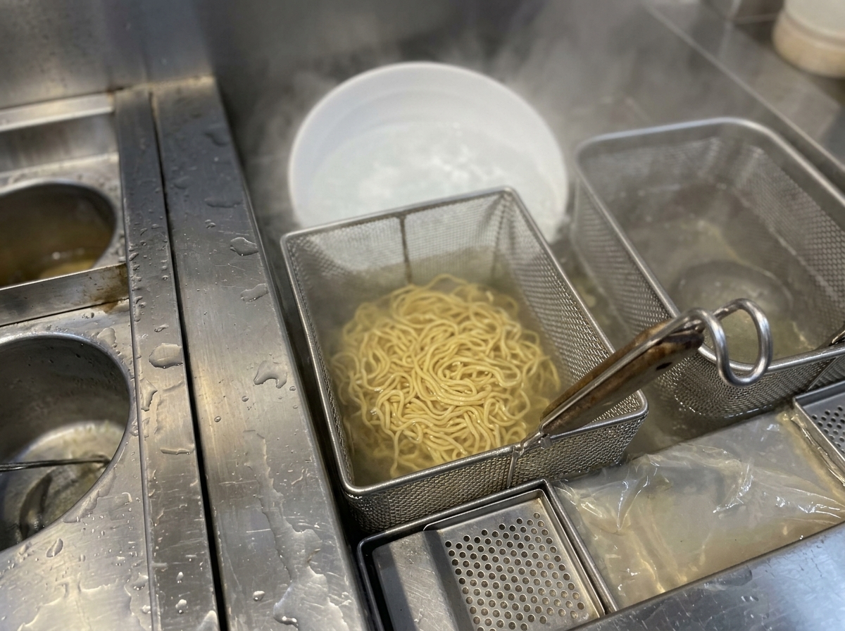 沸騰したお湯の中で太麺が踊るように茹でられている様子。