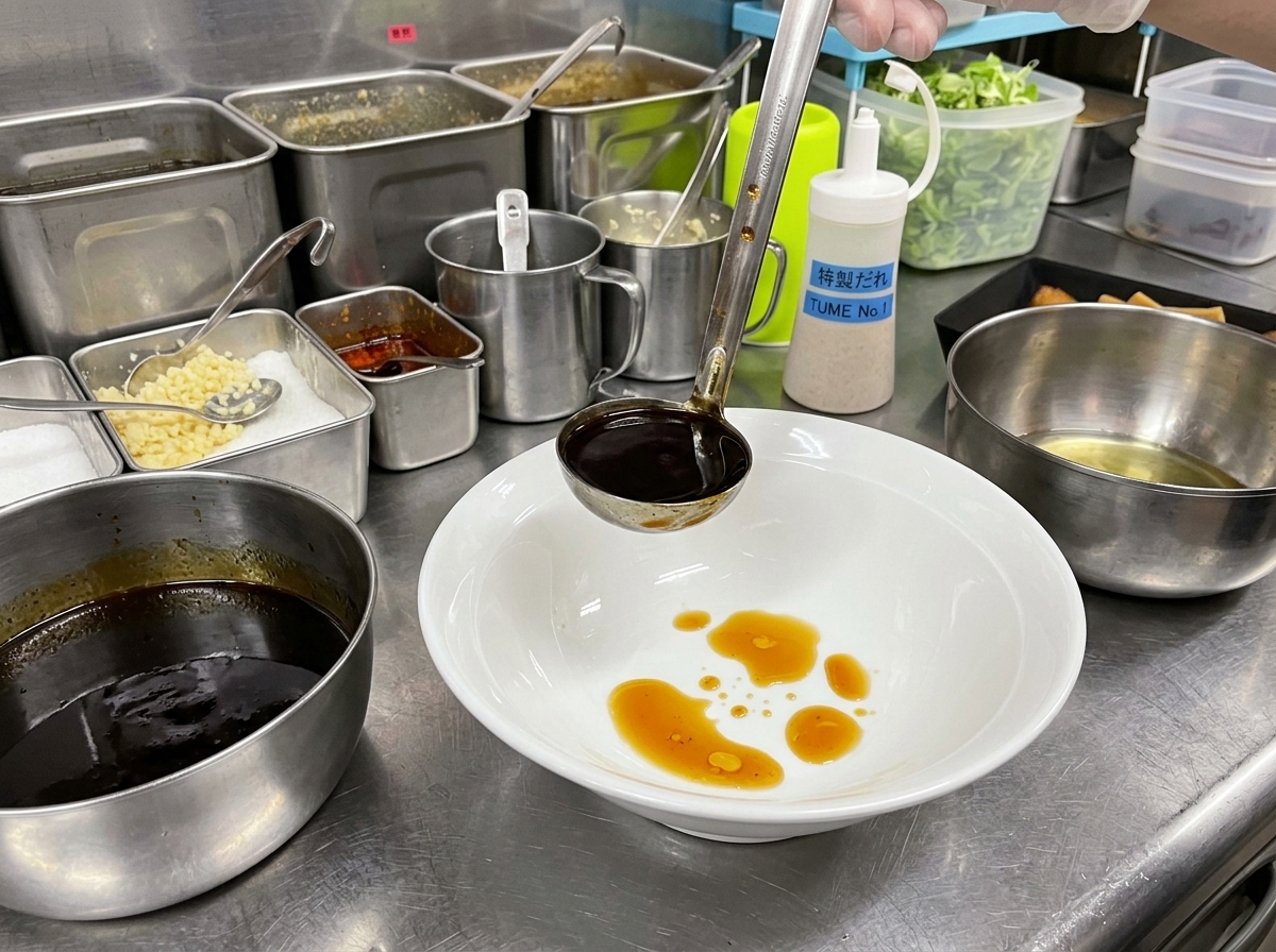油の入った器に濃厚な醤油ダレを注いでいる様子。