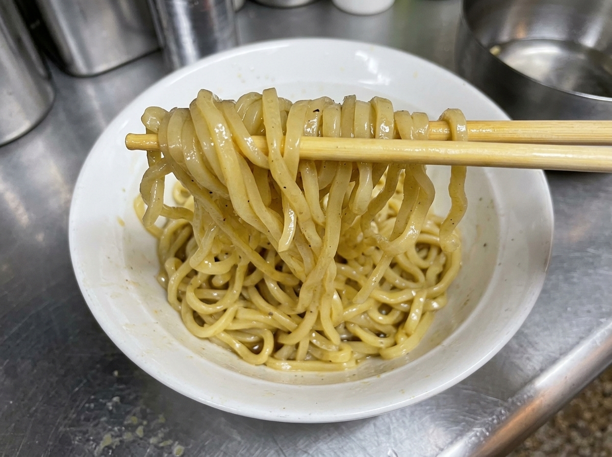 茹でたての麺を器に入れ、箸で力強く混ぜている様子。