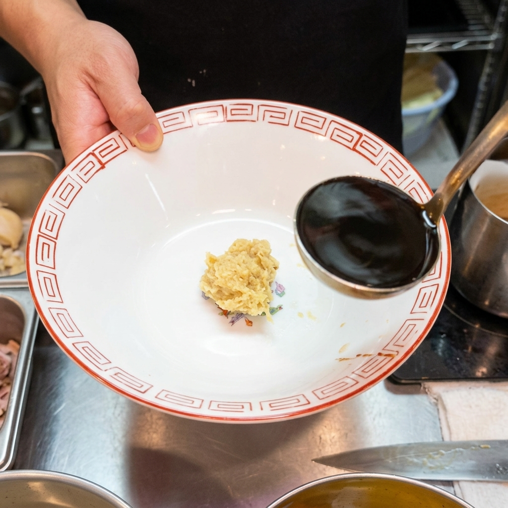 薬味の入った丼に、濃い色をした醤油ダレをレードルで注いでいる様子。
