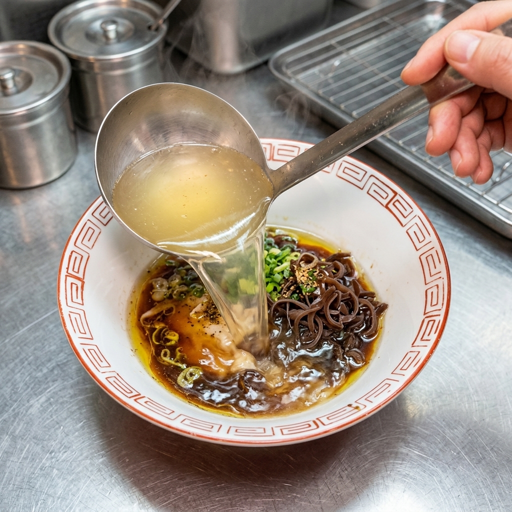 準備した丼に、湯気の立つ澄んだ鶏ガラスープを注ぎ入れている様子。
