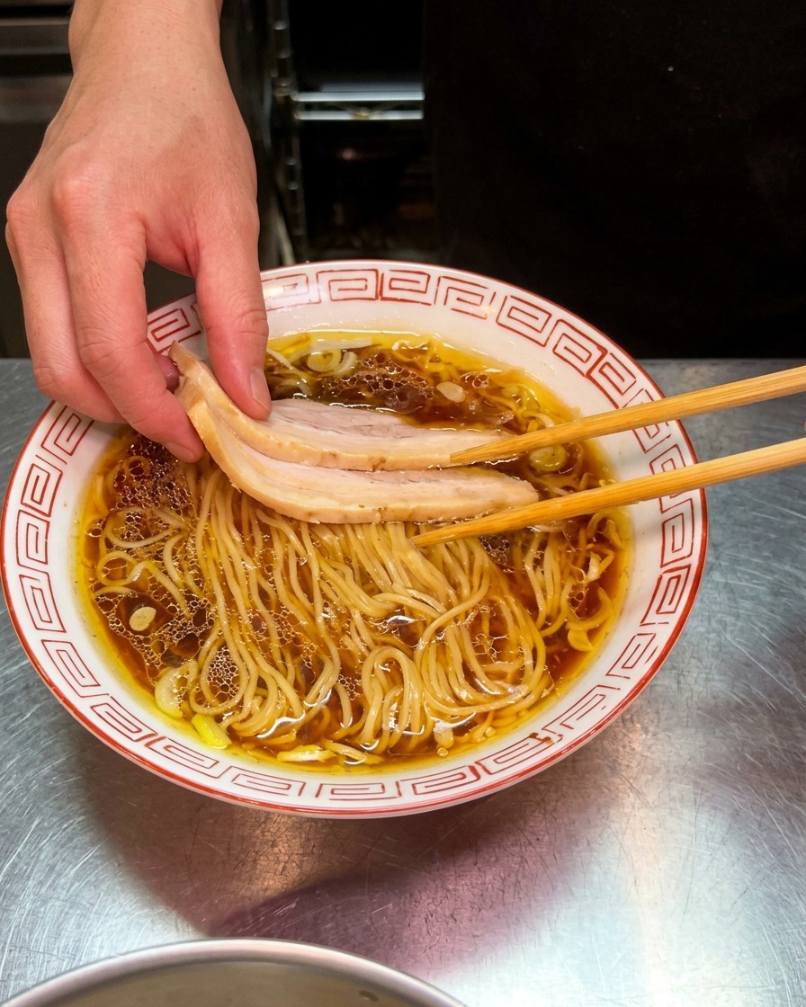 箸を使って、スライスしたチャーシューをラーメンの上に盛り付けている様子。