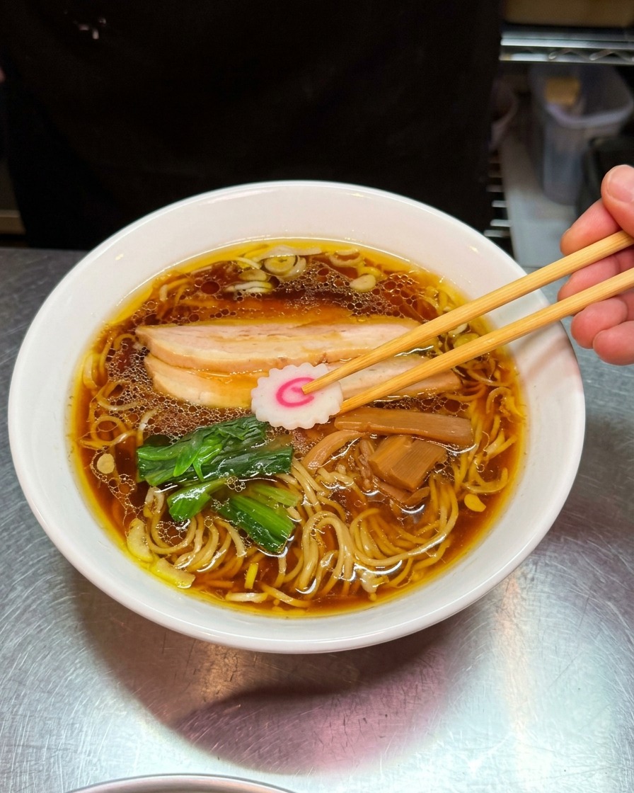 なるとやほうれん草などの具材を、バランスよく丼に並べている様子。