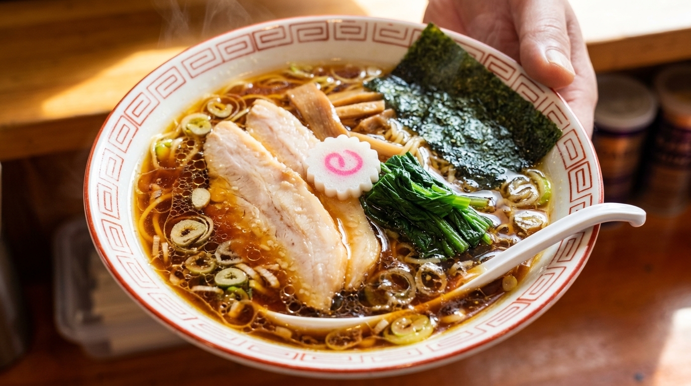 柔らかなチャーシュー、なると、海苔を添えた、湯気が立ちのぼる本格的な醤油ラーメン。
