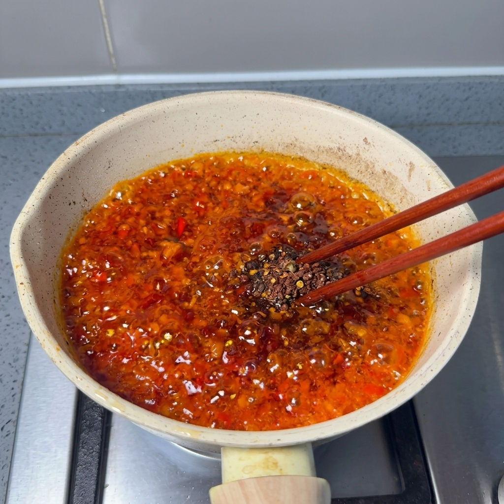 深紅のペーストを菜箸で混ぜる様子。