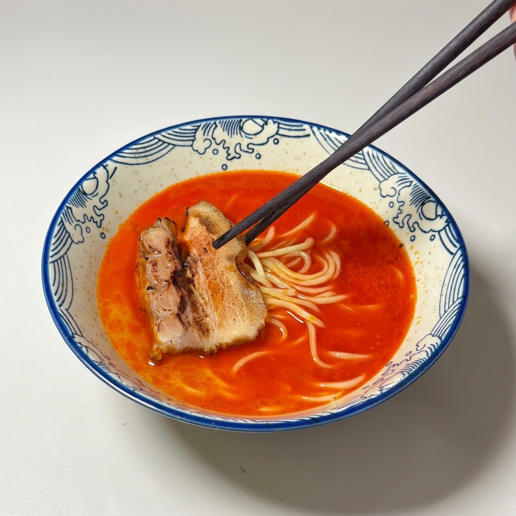 麺の上にチャーシューをのせる様子。