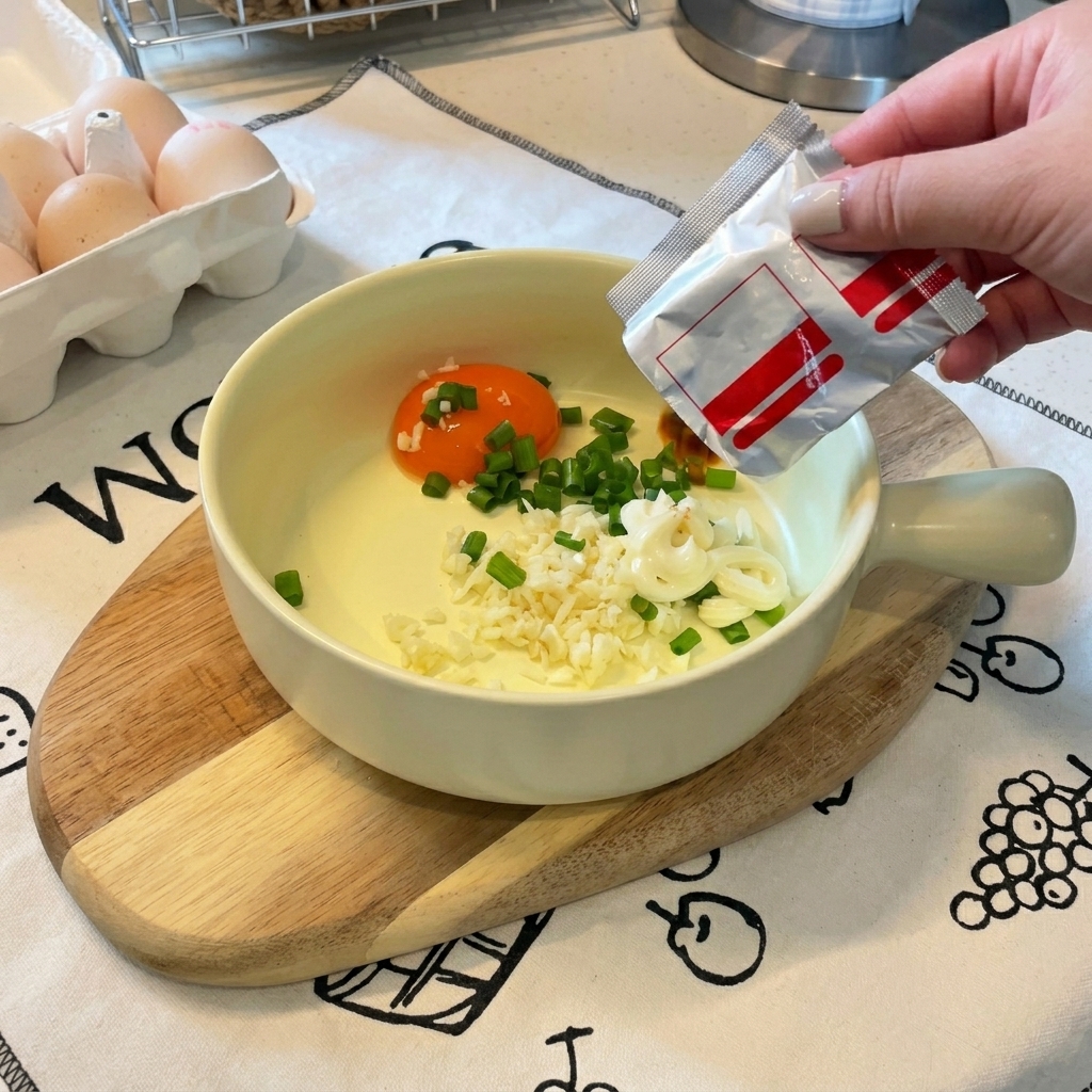 器の中の卵黄やマヨネーズの上に、インスタントラーメンの粉末スープを振りかける様子。