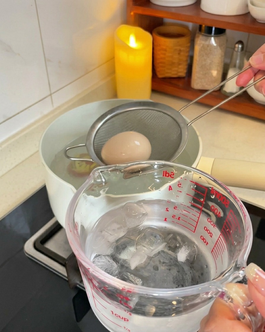 茹で上がった卵を網ですくい、氷水の入ったカップに移す様子。