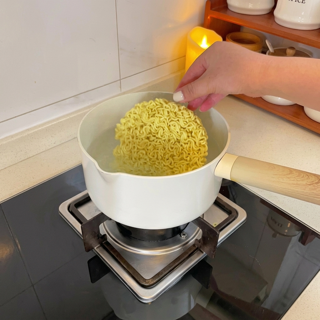 沸騰した鍋にインスタントラーメンの乾麺を入れる様子。