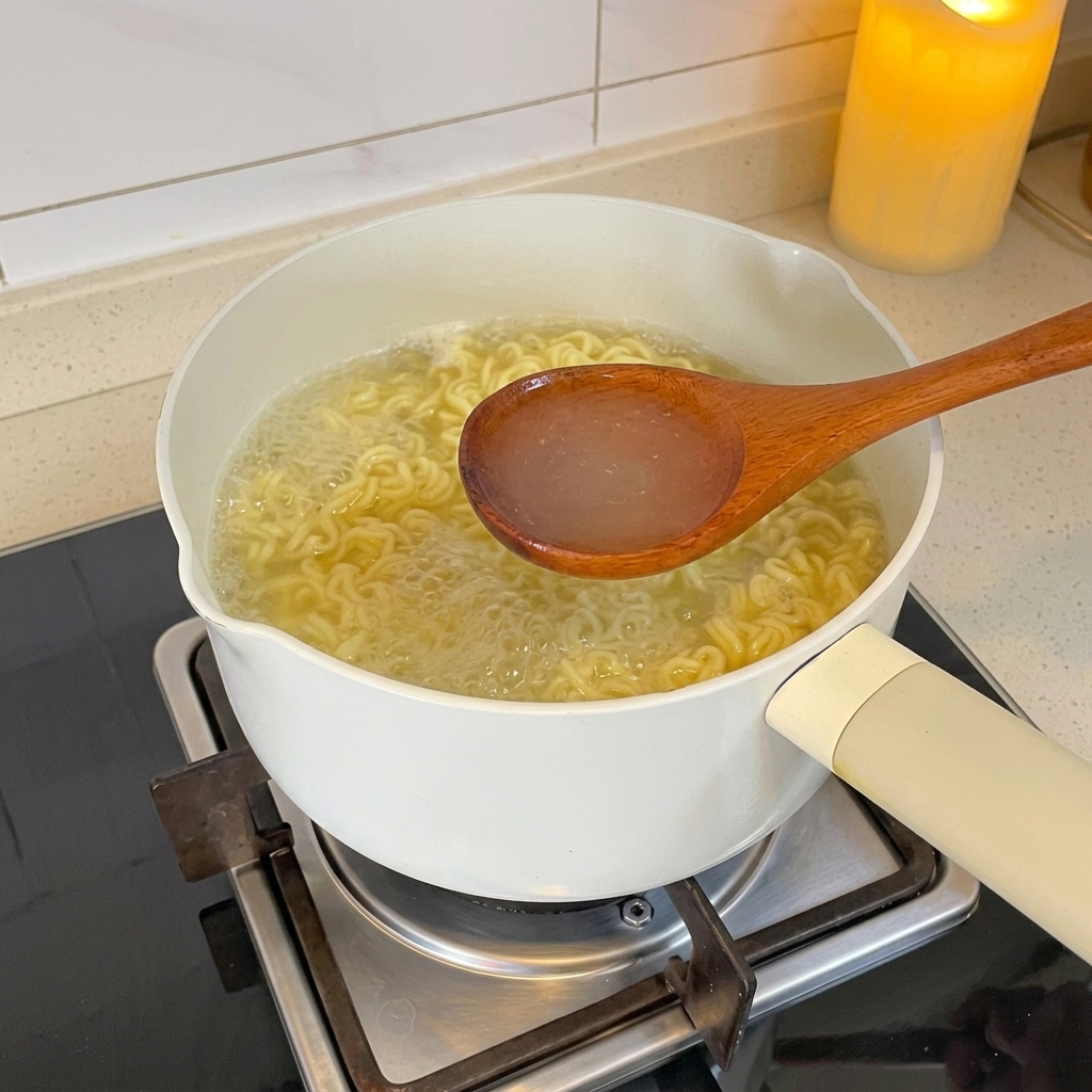 スプーンを使って、鍋から白濁した麺の茹で汁をすくい上げる様子。