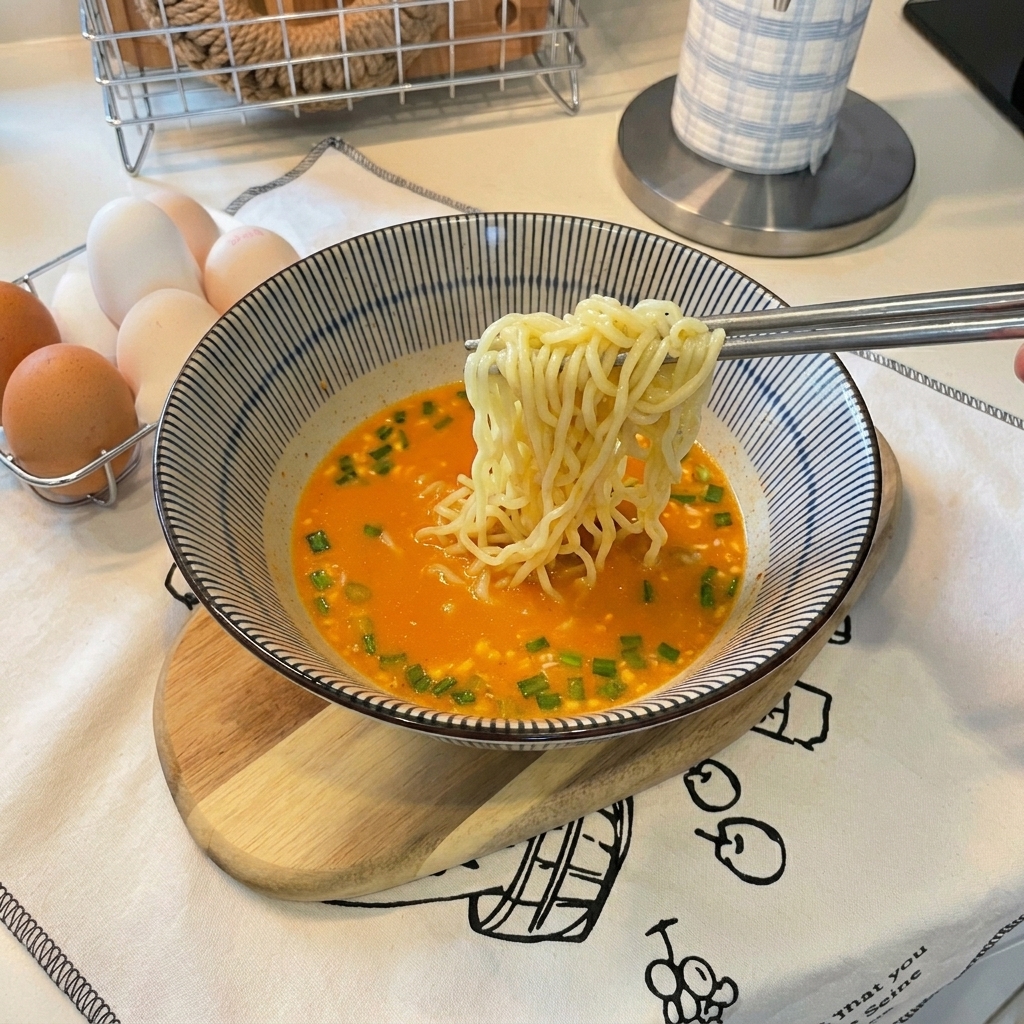 箸で持ち上げた麺を、オレンジ色のクリーミーなスープが入った器に入れる様子。