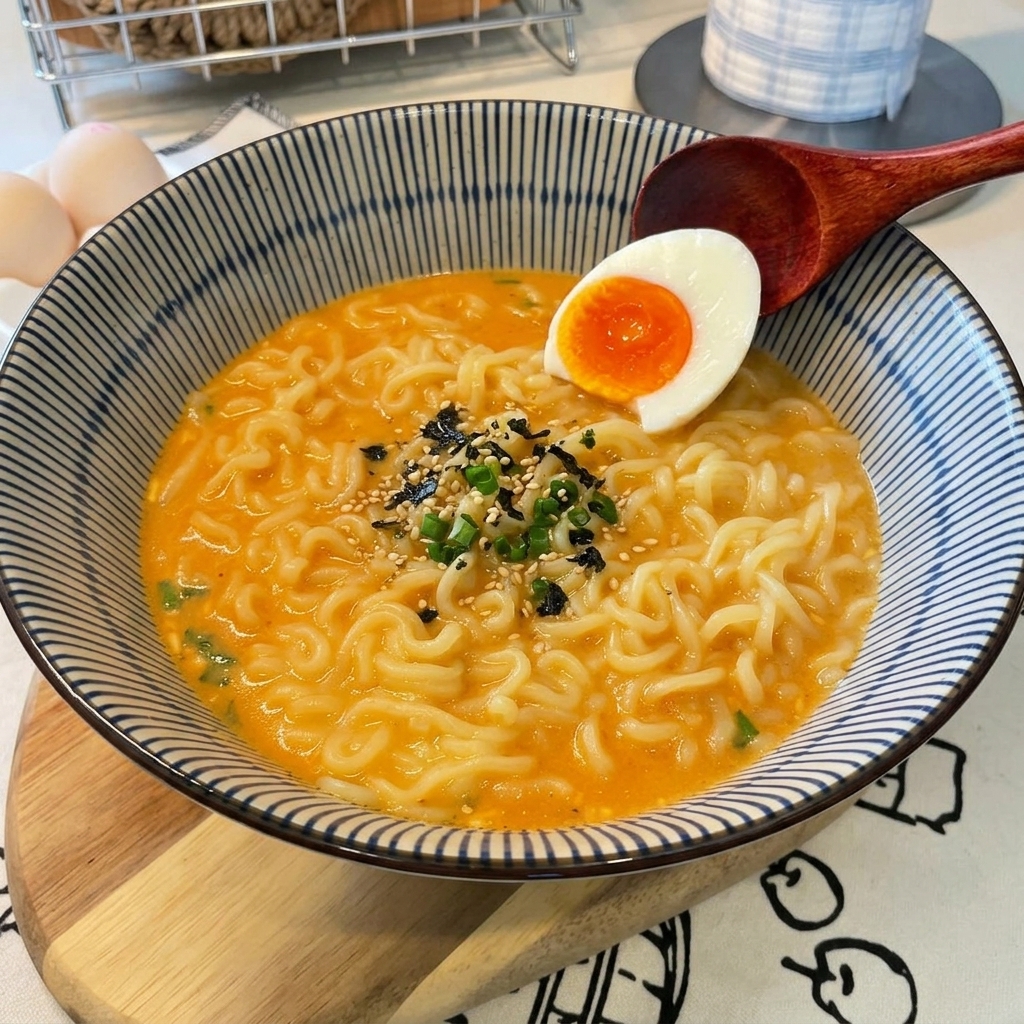 半分に切った、黄身がとろとろの半熟卵をラーメンに乗せる様子。