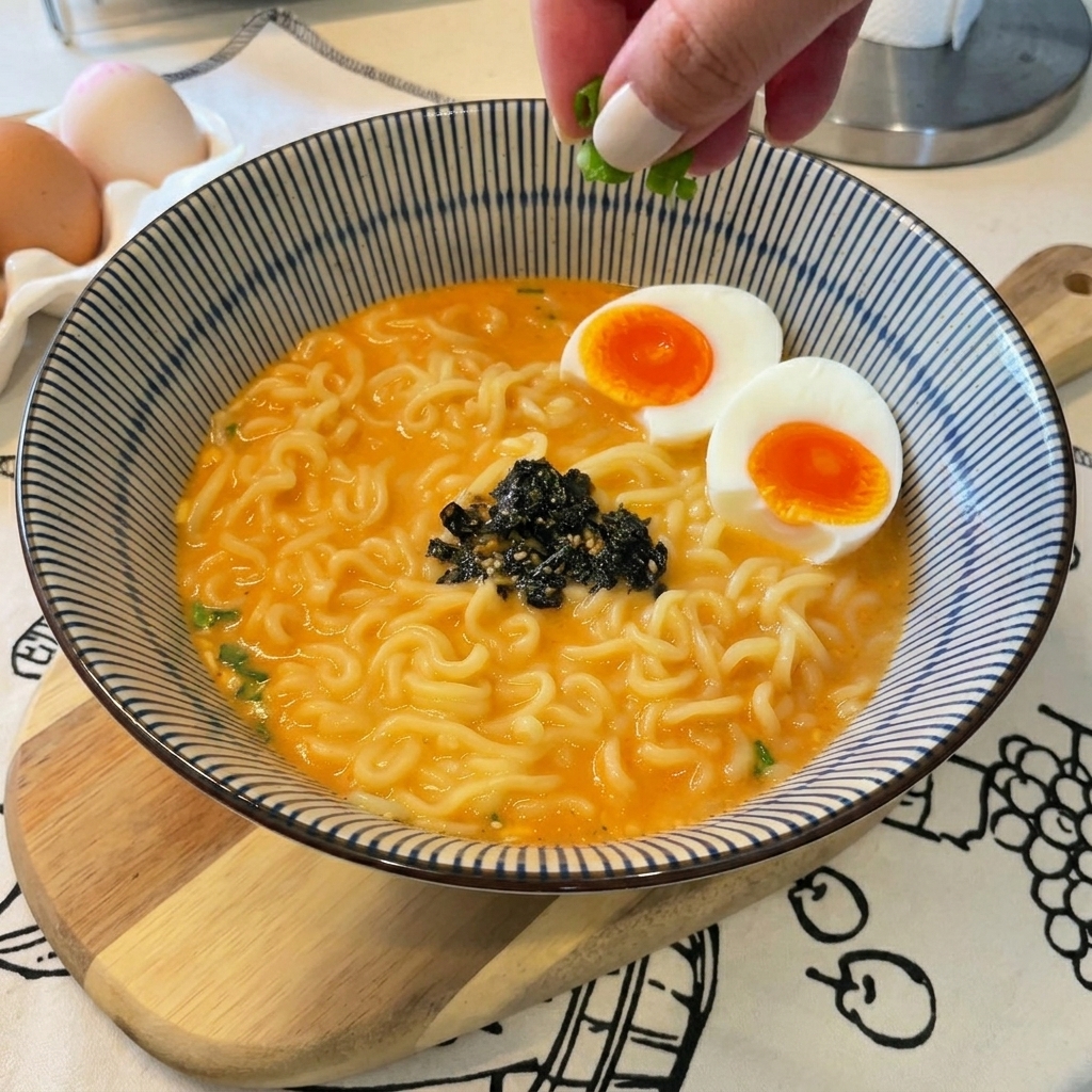ラーメンの上に刻みネギ、ごま、海苔を散らして仕上げる様子。