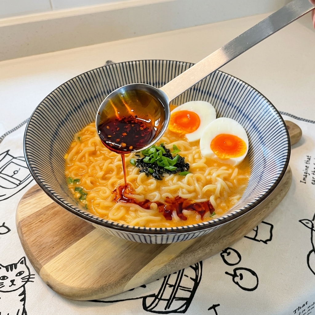 スプーンで真っ赤なラー油を、トッピングされたラーメンの上に回しかける様子。