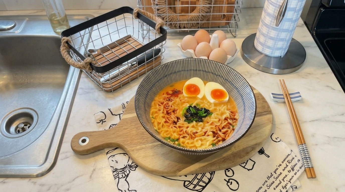 半熟卵、ネギ、海苔、ラー油をトッピングした、クリーミーで贅沢な仕上がりのアレンジラーメン。