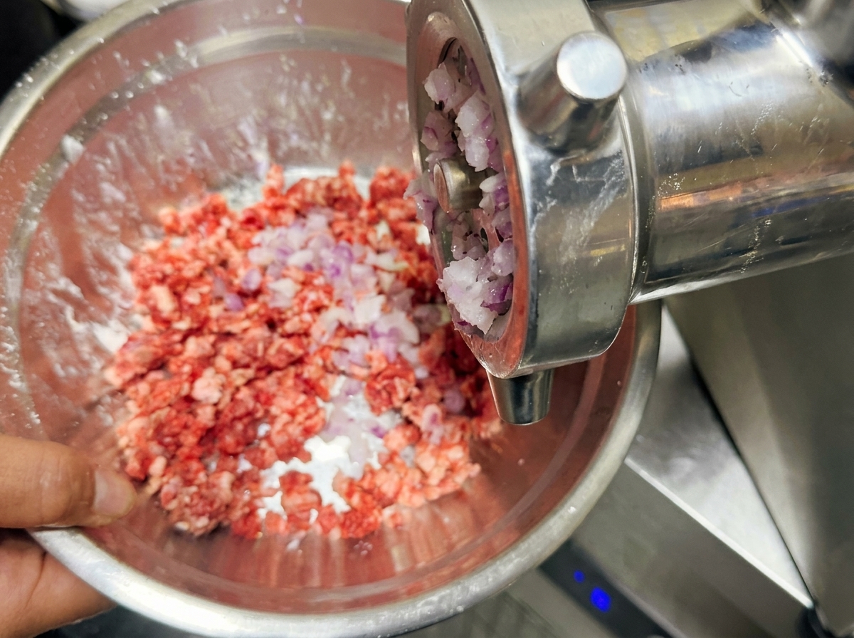 ミートグラインダーから細かく挽かれた赤玉ねぎが、ひき肉のボウルに直接出てくる様子。