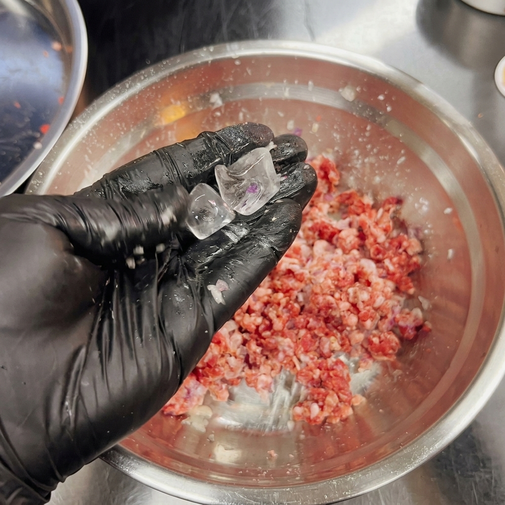 準備した肉の上に、2つの透明な氷を置こうとしている様子。